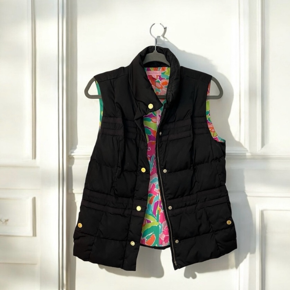 Lilly Pulitzer Black Puffer Vest with Colorful Lining